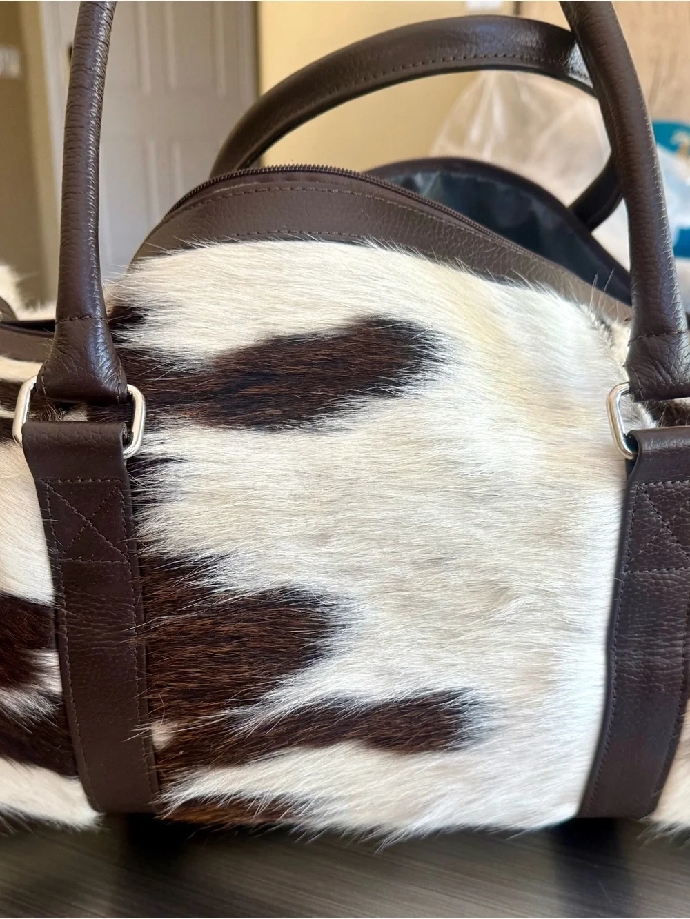 Genuine Cowhide Fur Duffle Bag with Dark Brown Leather Trim